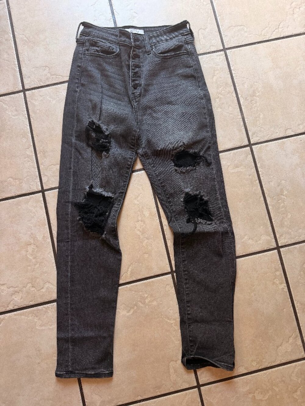 Willow & Root The Mom Jean Black Distressed High Rise Button Fly Jeans Size 27